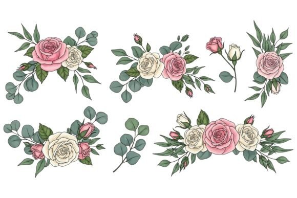 Pink White Rose Eucalyptus Set